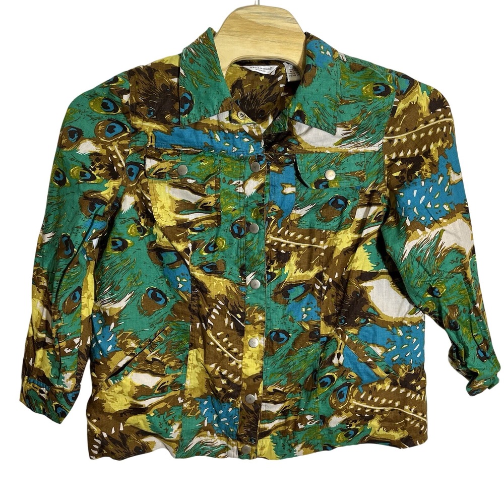Richard Malcolm Woman Linen Blend Jacket Peacock Feather Print Button Up Size 1X
